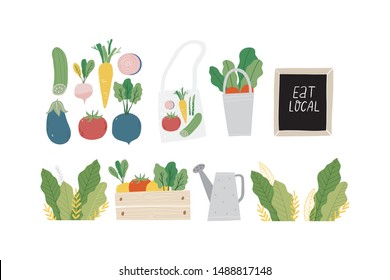 Summer print in modern style with your own vegetables. Hand drawn vegan vegetables poster. Handwritten quote - Eat Local