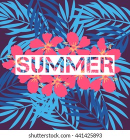 Summer print with palm sheets and hibiscus for a t-shirt. Vector background for fashion