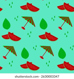 Summer print pattern with watermelons, beach umbrellas and leaves