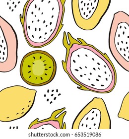 Summer print with Pear, papaya, kiwi, passion fruit, dragon fruit