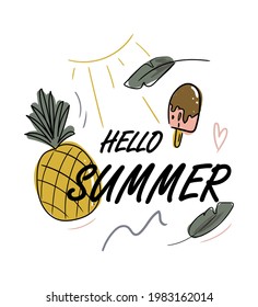 
summer print with pineapple and ice cream. poster for the design of summer goods, posters, merchandise, business cards. pink ice cream on a stick, banana leaves