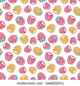 Summer print. Raspberry berry fruit seamless pattern. Vector texture of red and yellow raspberries.