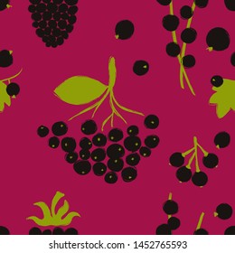 Summer print. Seamless pattern with currant; acai, blackberry, chokeberry and maqui berries. Berry collection.
