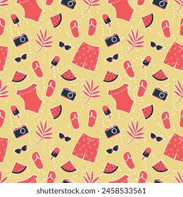 Summer Print. Seamless Pattern with Red Beach Accessories, ice-cream, watermelon, camera, tropical leaves, dots. Cute Summer 
Background. Vector illustration on yellow background