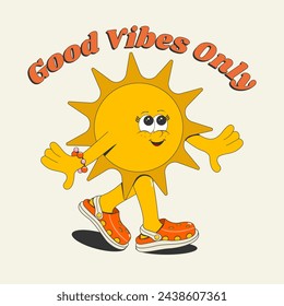 Summer print, sticker, poster "good vibes jnly". The cartoon character is a cute sun isolated on a white background. Vector illustration.