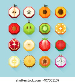 Summer print of stylized fruit collection. Flat Material design fruit icon set with feeling of spatial. Hexagon fruit cut in half. Papaya, pitahaya and pineapple. Colorful print for menu, shirt.