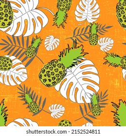 impresión de verano para textiles con piña, hojas y textura de grunge