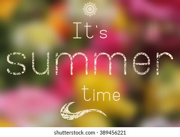 Summer print - summer time - with doodle letters and mandala as a decoration element on blur floral background