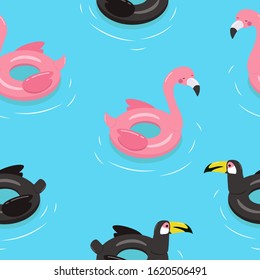 Summer print with tropical bird. Swimming pink flamingo and toucan. Summer pool holiday. 