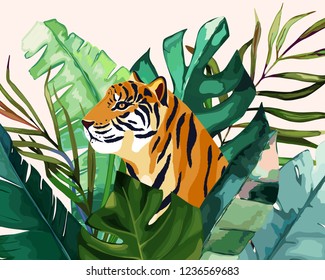 Summer print  with tropical jungle leaves and tiger. Vector aloha illustration. Watercolor style
