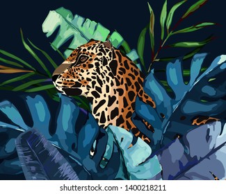 Summer print with tropical jungle leaves and leopard. Vector aloha illustration. Watercolor style