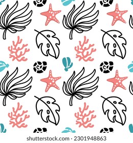 Summer print with tropical leaves and seashells. Summer pattern. Vector