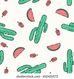 Summer print for t-shirt, apparel, textile or wrapping. Pattern with melon, popsicle and cactus elements in black, white and various colors. Vector is seamless and repeatable.