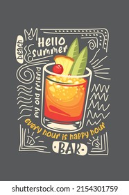 Summer print for t-shirt with exotic cocktail illustration. Apparel print vector design summer beach bar.