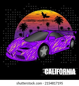 summer print for t-shirt with sports car, palm trees, sunset and geometric elements