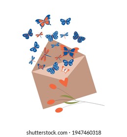 Sommerdruck. Vektorgrafik eines Umschlags, aus dem mehrfarbige Schmetterlinge ausfliegen. 