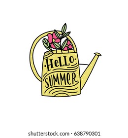 Summer print with watering can and flowers and hand lettering hello summer. Hand drawn lettering hello summer.