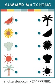 Summer printable worksheet shadow matching activity in color. Puzzle with bright summer elements. Find correct silhouette activity page for children