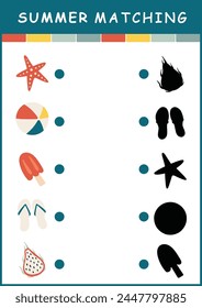 Summer printable worksheet shadow matching activity in color. Puzzle with bright summer elements. Find correct silhouette activity page for children