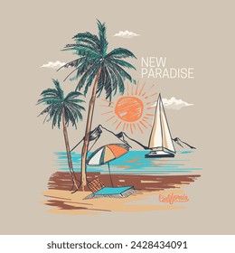 Summer prints for beach vibes, sunset summer tropical prints, Ocean beach t shirt print design, spring, 