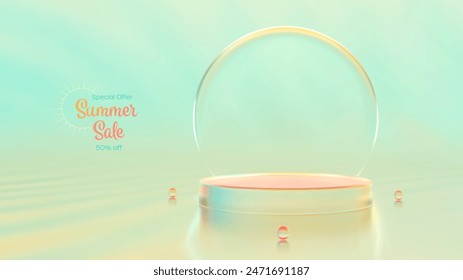 Summer product podium. Summer sale banner. Glass podium display, Show template. Pedestal, platform for product presentation. Blue yellow orange pink colorful background. Vector illustration.