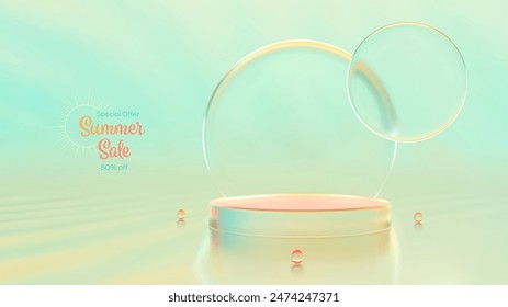 Summer product podium. Summer sale banner. Glass podium display, Show template. Pedestal, platform for product presentation. Blue yellow orange pink colorful background. Vector illustration.