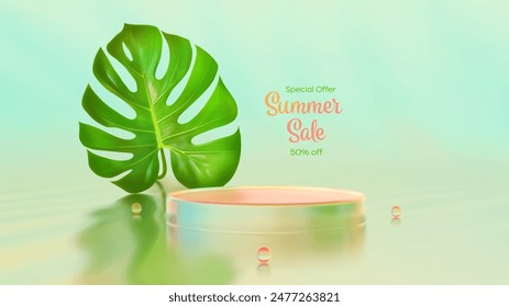 Summer product podium. Summer sale glass podium display, Show template. Pedestal, platform for product presentation. Monstera leaf. Green leaf. Blue yellow orange pink background. Vector illustration.