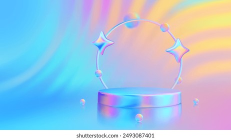 Summer product podium. Summer sale podium. Mega sale special offer. Discount shopping. Colorful iridescent product podium, promotion pedestal. Bright sunset, sunrise sky colors. Vector illustration.