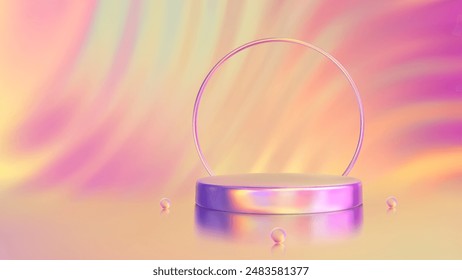 Summer product podium. Summer sale podium. Pedestal, platform for product presentation or demonstration. Bright warm sunset and sunrise sky colors. Orange, purple, pink, yellow. Vector illustration.