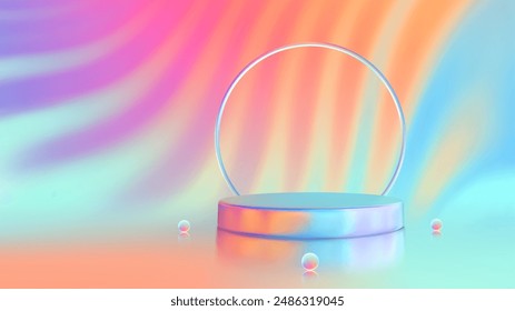 Summer product podium. Summer sale podium. Pedestal, platform for product presentation or demonstration. Bright sunset and sunrise sky colors. Blue, purple, orange, pink, yellow. Vector illustration.