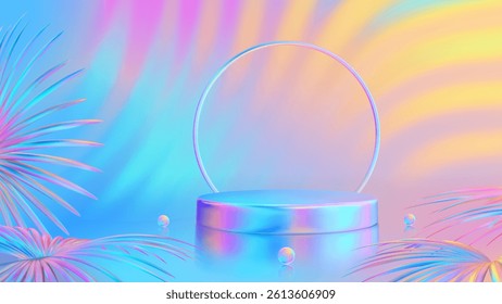 Summer product podium. Summer sale podium. Pedestal, platform for product presentation. Bright sunset and sunrise sky colors background with tropical leaves. Blue, purple, orange, pink, yellow. Vector