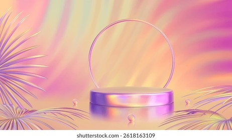 Summer product podium. Summer sale podium with tropical leaves. Pedestal, platform for product presentation or demonstration. Bright warm sunset and sunrise sky colors. Orange, pink, yellow. Vector.