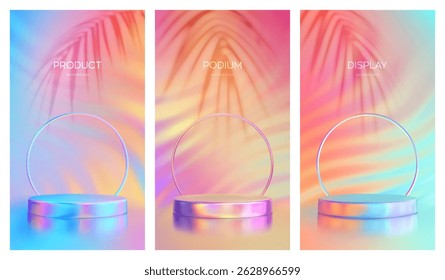 Summer product podium set. Summer sale podium with a palm leaves shadows. Pedestal, platform for product presentation. Bright colorful iridescent summer colors. Sunset, sunrise sky colors. Vector.