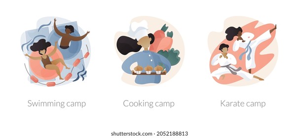 Summer programs for kids abstract concept vector illustration set. Swim, cooking and karate camp, young chief course, holiday activity, martial arts, open water training, education abstract metaphor.