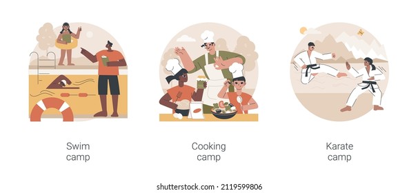 Summer programs for kids abstract concept vector illustration set. Swim, cooking and karate camp, young chief course, holiday activity, martial arts, open water training, education abstract metaphor.