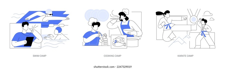 Summer programs for kids abstract concept vector illustration set. Swim, cooking and karate camp, young chief course, holiday activity, martial arts, open water training, education abstract metaphor.