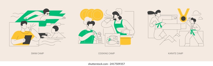 Summer programs for kids abstract concept vector illustration set. Swim, cooking and karate camp, young chief course, holiday activity, martial arts, open water training, education abstract metaphor.