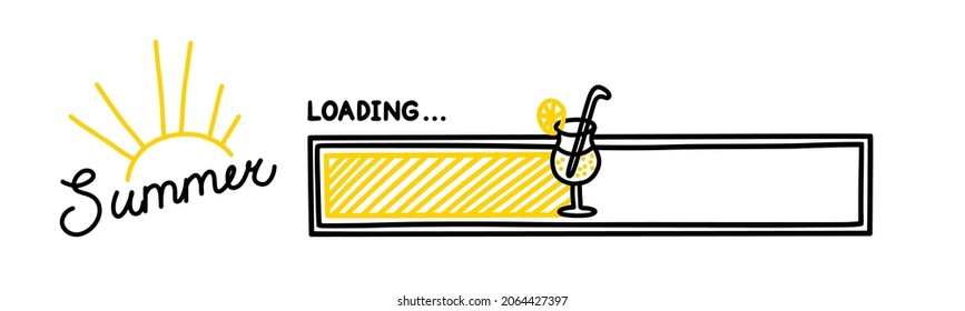 Summer progress loading bar. Infographics design element with yellow status of completion. Hand drawn vector illustration isolated in white background