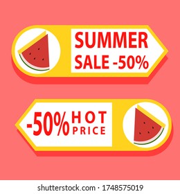 Summer Promo price tag with the smiling sun, watermelons and men sunbathing on the beach.