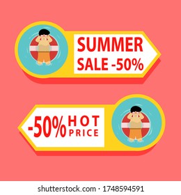 Summer Promo price tag with the smiling sun, watermelons and men sunbathing on the beach.