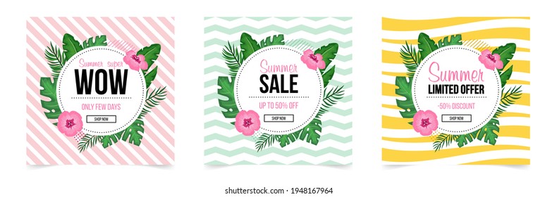 Summer promo sale banners. Set of colorful banners with tropical leave. Banners with palm leave for social media. Vector illustration. 