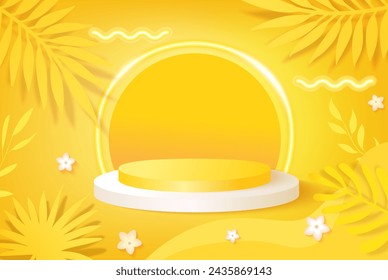 Summer promotion 3d podium with round neon lighting for display new products on yellow background with tropical leaves.Round pedestale for hot season offers,promo,presentation,shopping template.Vector