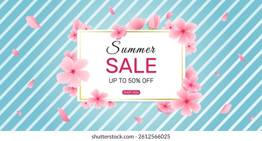 Summer promotion banner adorned with sakura, cherry blossom and petals set against blue backdrop and white lines. Botanical vector artwork for posters, social media, web, greeting card