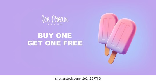 Summer promotion banner with ice cream on a stick, 3D. Promotional offer, discounts, sale. Delicious, cool, fruit ice cream. Vector illustration.