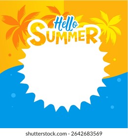  summer promotion banner with tropical beach, Hello summer, sun, and copy space – vector illustration