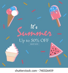 It's Summer Promotion Card with vanilla ice cream, ice cream in a cone and watermelon. Shop Now. Up to 50% Off. Vector Illustration.