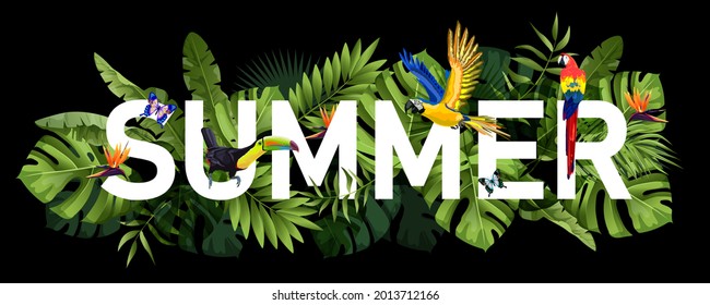 Summer Promotion Poster Hintergrund. Sommerbanner mit Palmblättern und Papageien für die Werbung. Vektorgrafik