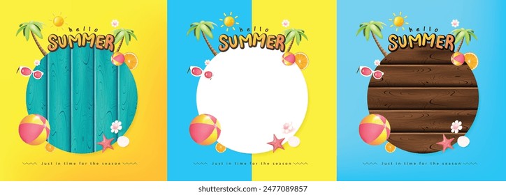 Summer promotion poster banner set with summer tropical beach vibes background and copy space