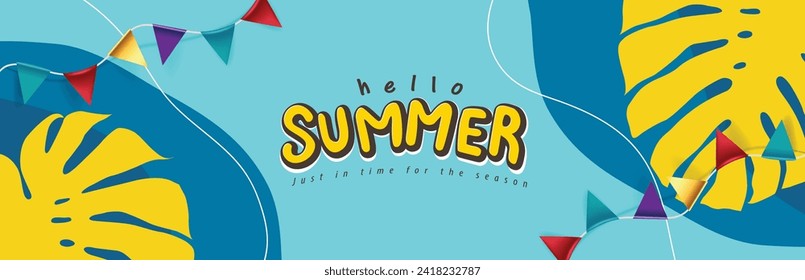 Summer promotion poster banner with summer tropical beach vibes background