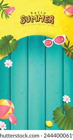 Anuncio de póster de promoción de verano con fondo de vibraciones de playa tropical de verano y espacio de copia